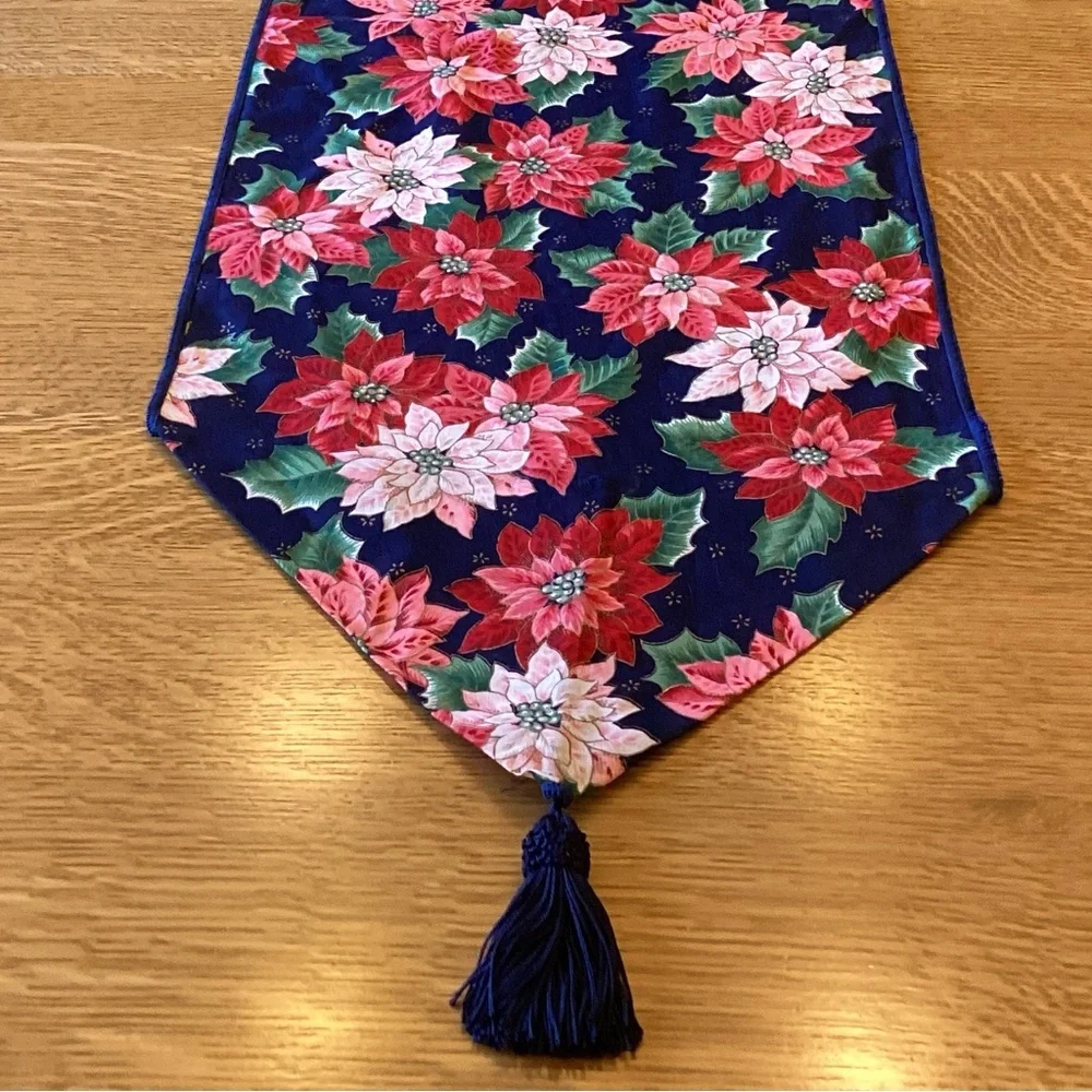 Christmas Table Runner Poinsettias 69 X 13 Blue Background Tassels Holiday Linen